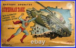 1958 Linemar SUPERMAN FIGHTING TANK w Original Box WORKING Battery Op TIN RARE
