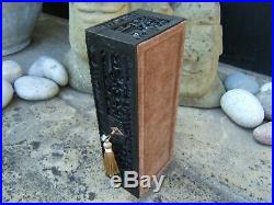 19c RARE SOLID EBONY CHINESE HAND CARVED CANTON ANTIQUE BOX LOVELY INTERIOR