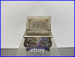 Antique Box Casket Silver Enamel China Lid Engraved Plant Animals Rare Old 19th