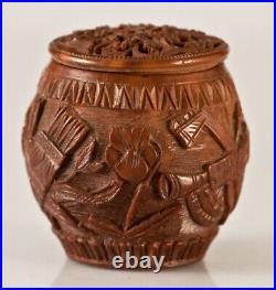 Antique Box Corozo Nut Musical Attributes Flowers Openwork Lid Rare Old 19th
