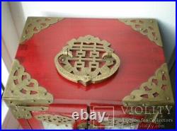 Antique Chinese Casket Jewelry Box Wood Stone Drawers Key Carved Rare Old 20th