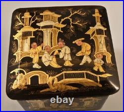 Antique Chinese Decor Tea Box Spoon Paper Mache Characters Lid Cover Rare Old 19