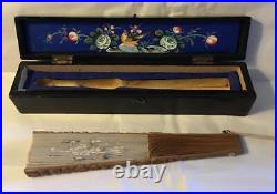 Antique Chinese Silk Embroidered Hand FAN in Original Lacquer Box Rare Vtg