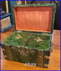 Antique Green Marbled Tea Box Malachite Lock Key Russia Brass Decor Rare 19th