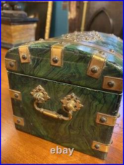 Antique Green Marbled Tea Box Malachite Lock Key Russia Brass Decor Rare 19th