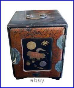 Antique Japanese Travel Cabinet Wood Gold Lacquer Key Cube Box's Rare Old 20th