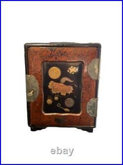 Antique Japanese Travel Cabinet Wood Gold Lacquer Key Cube Box's Rare Old 20th