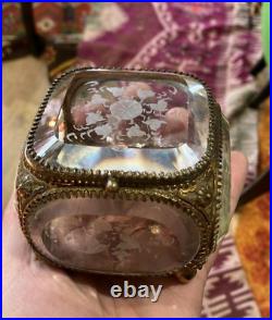 Antique Jewelry Box Lid Glass Engraved Bevelled Flower Motifs Ball Rare Old 19th