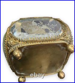 Antique Jewelry Box Lid Glass Engraved Bevelled Flower Motifs Ball Rare Old 19th