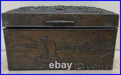 Antique Jewelry Box Pattern Metal Wood Flower Case Landscape Boat Rare Old 20th