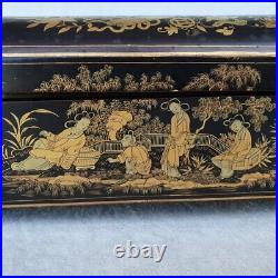 Antique Lacquered Bamboo Game Box China Gold Wood Small Trays Canton Rare 19th