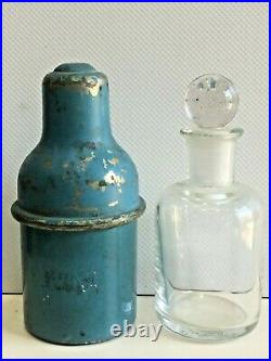 Antique Old Original Rare Clear Glass Perfume Bottle With Metal Box England