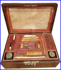Antique Sewing Kit Charles X Box Mahogany Wood Ebony Marquetry Lid Rare Old 19th