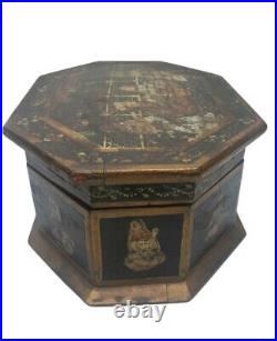 Antique Wooden Box India Handpainted Large Indian Mughal Wooden Octagon Rare