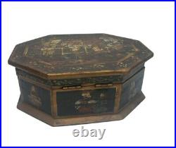 Antique Wooden Box India Handpainted Large Indian Mughal Wooden Octagon Rare