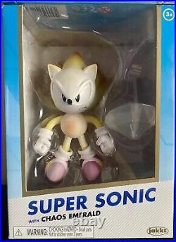 New In Box RARE 2022 SDCC Jakks Gold Super Sonic Figure With White Chaos Emerald
