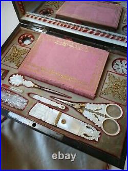 RARE 1820's PALAIS ROYAL SEWING BOX MOTHER OF PEARL Scissors Needle case etc