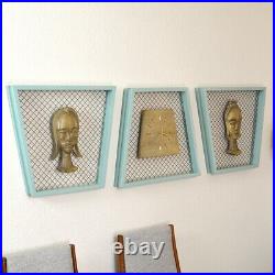 RARE 1950s Atomic Trapezoid Shadow Boxes with Clock and Native Heads Set of 3