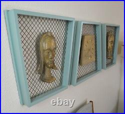 RARE 1950s Atomic Trapezoid Shadow Boxes with Clock and Native Heads Set of 3