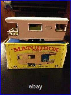 RARE. Matchbox Lesney #23 Trailer Caravan Pink Body early casting withOriginal Box