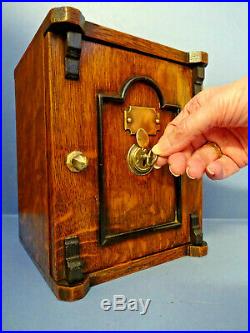 RARE VICTORIAN ANTIQUE SOLID OAK DESK-TOP LETTER SAFE BOX & KEY, c 1876-1880