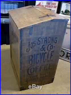 RARE VTG Primitive Jos Strong BICYCLE Coffee Bin Box EMBOSSED & Black Paint