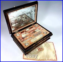 RARE c. 1810 Antique French Palais Royal Sewing Box, Mother of Pearl 18k Tools +