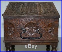 Rare 17th Century Heavily Carved Box & Stand Danish Inscription, Marriage Chest