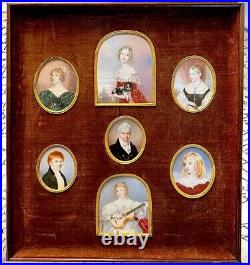 Rare 18th Century English Family (7) HP Portrait Miniatures in Shadow Box Frame