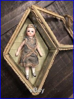 Rare All Bisque French Mignonette Bru Face Doll & Glass Presentation Box