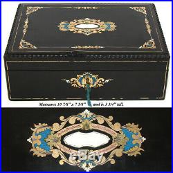 Rare Antique French Vanity & Sewing Box, Many Tools & Jars, Blue & Pink Boulle