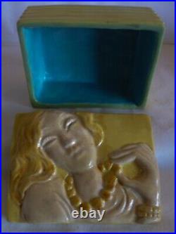 Rare! Art Deco Cerar Paris Ceramic Lidded Box- Woman With Pearl Necklace