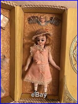 Rare Bisque French Mignonette Bru Face Doll Antique Accessories Presentation Box