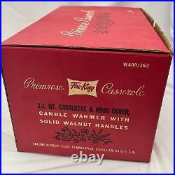 Rare Fire King Primrose Casserole Warmer Walnut Handles in Original Box Label
