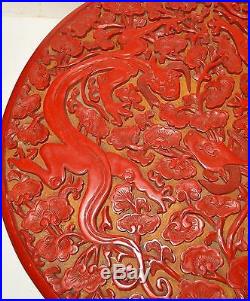 Rare Large Old Cinnabar Carved Fire Dragons Lacquer Box Signed By Maker