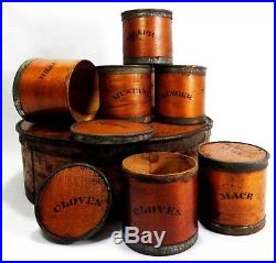 Rare Mid-19th Cent Antique Bentwood/tin 9 Piece Stenciled Spice Bins/pantry Box