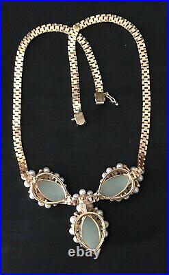 Rare Ming's Hawaii 14k Yellow Gold Jade & Pearl Necklace In Original Box