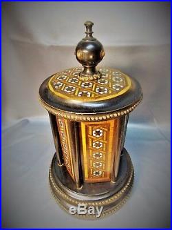Rare Victorian Antique Inlaid MOP Ebony Wood Cigar Box Caddy Carousel 1800's