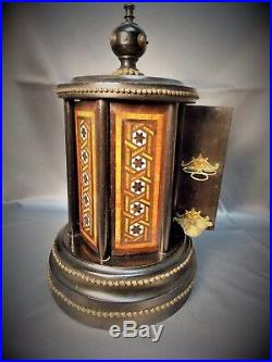 Rare Victorian Antique Inlaid MOP Ebony Wood Cigar Box Caddy Carousel 1800's