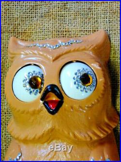 Rare Vintage Animated Owl Clock Jeweled Light Brown & Original Box Kit Cat Klock