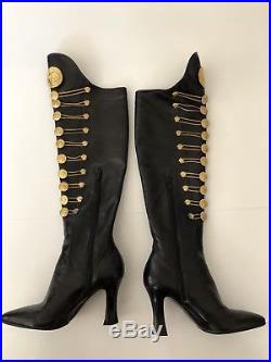 Rare Vtg Gianni Versace Leather Gold Medusa Bondage Boots With Original Box 36