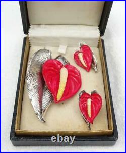 Rare Vtg Ming's Sterling Anthurium Brooch & Earrings SET Original Box MINT