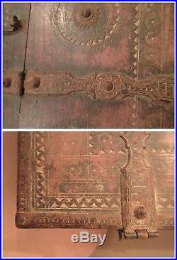 Rare antique 18th C India Hand-Carved wood wrought iron Dowry Chest Box 1700's