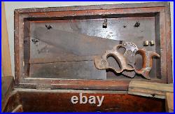 Rare finish carpenters chest box original tools collectible saw chisel plane lot