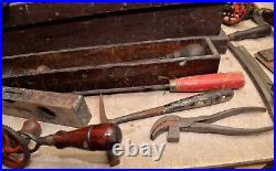 Rare finish carpenters chest box original tools collectible saw chisel plane lot