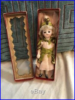 Very Rare All Original In Box 4.5 French Mignonette Jester Antique Bisque Doll