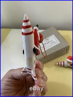 Vintage 2 Rare Shafford 1960s Santa on a Rocket Porcelain Ornaments Box Japan